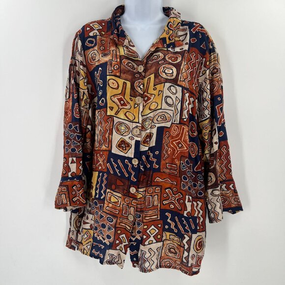 Ali Miles Women's XL Button Down Shirt Rust Navy Mosaic Wearable Art Lagenlook - Picture 1 of 10